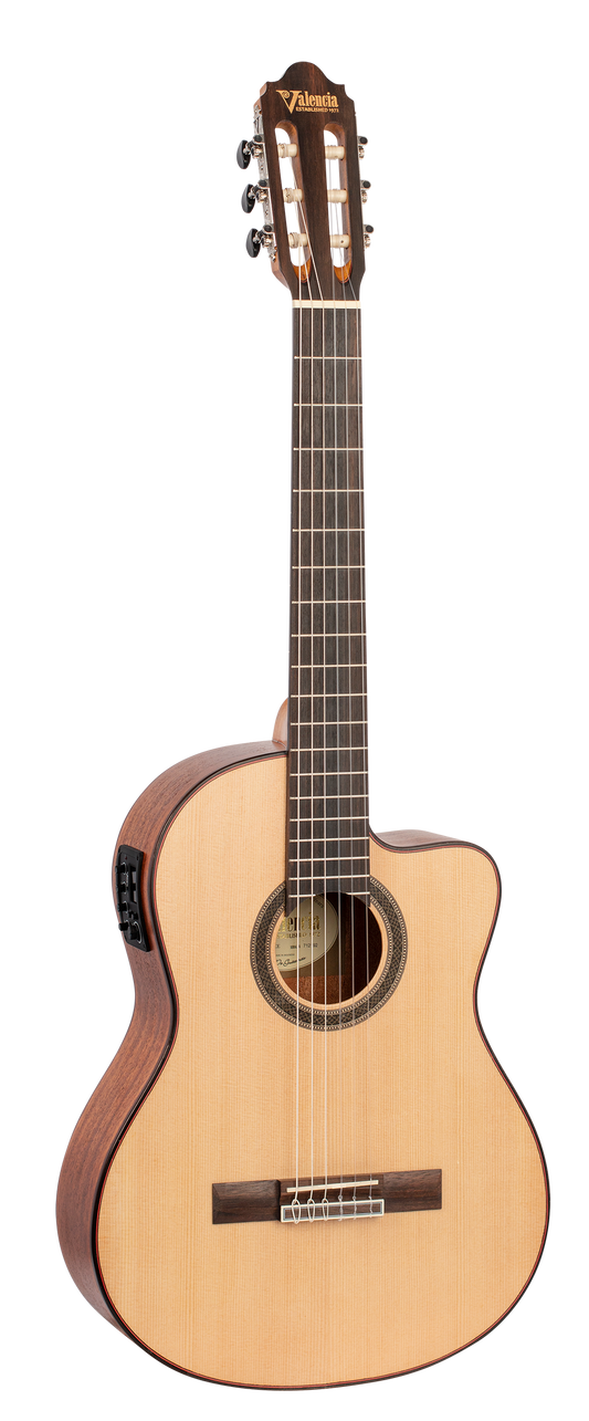Valencia VC704CE 4/4 size Solid Top electric/acoustic classical guitar with Venetian cutaway