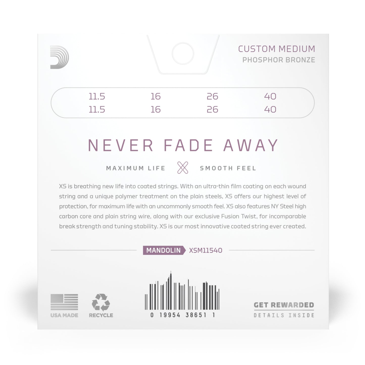 D'Addario XSM11540, XS Mandolin Phosphor Bronze, Custom Medium, 11.5-40