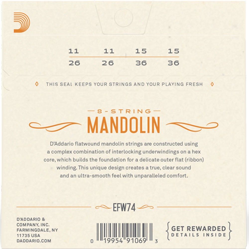D'Addario EFW74 Flatwound Mandolin Strings Phosphor Bronze Medium (11-36)