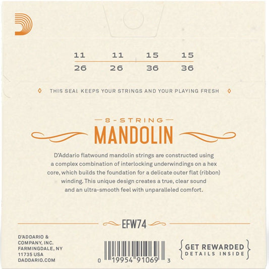 D'Addario EFW74 Flatwound Mandolin Strings Phosphor Bronze Medium (11-36)