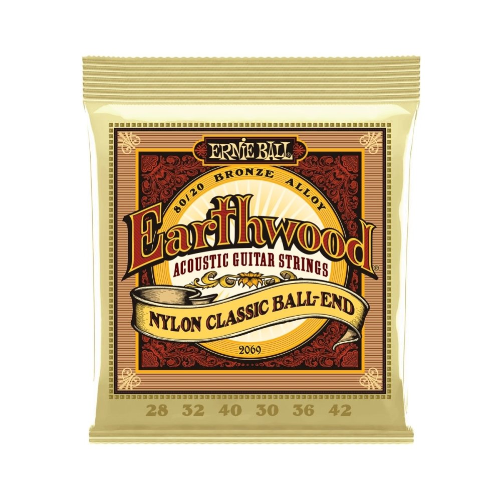 Ernie Ball Earthwood Folk Nylon, Clear & Gold Ball End, 80/20 Bronze Acoustic Guitar Strings - 28-42 Gauge