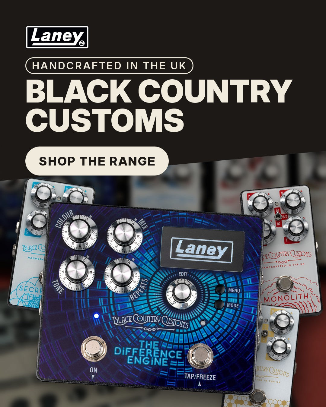Black Country Customs pedals: The Difference Engine, Secret Path, Monolith and Steelpark