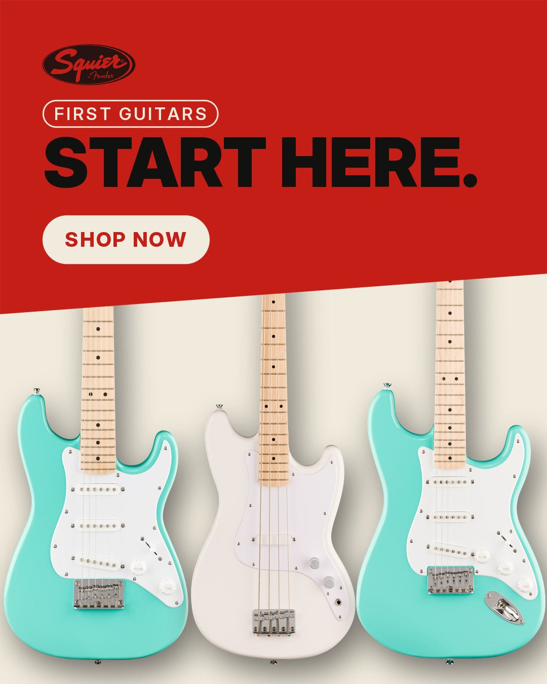 Squier Mini Stratocaster, Sonic Bronco Bass and Sonic Stratocaster HT