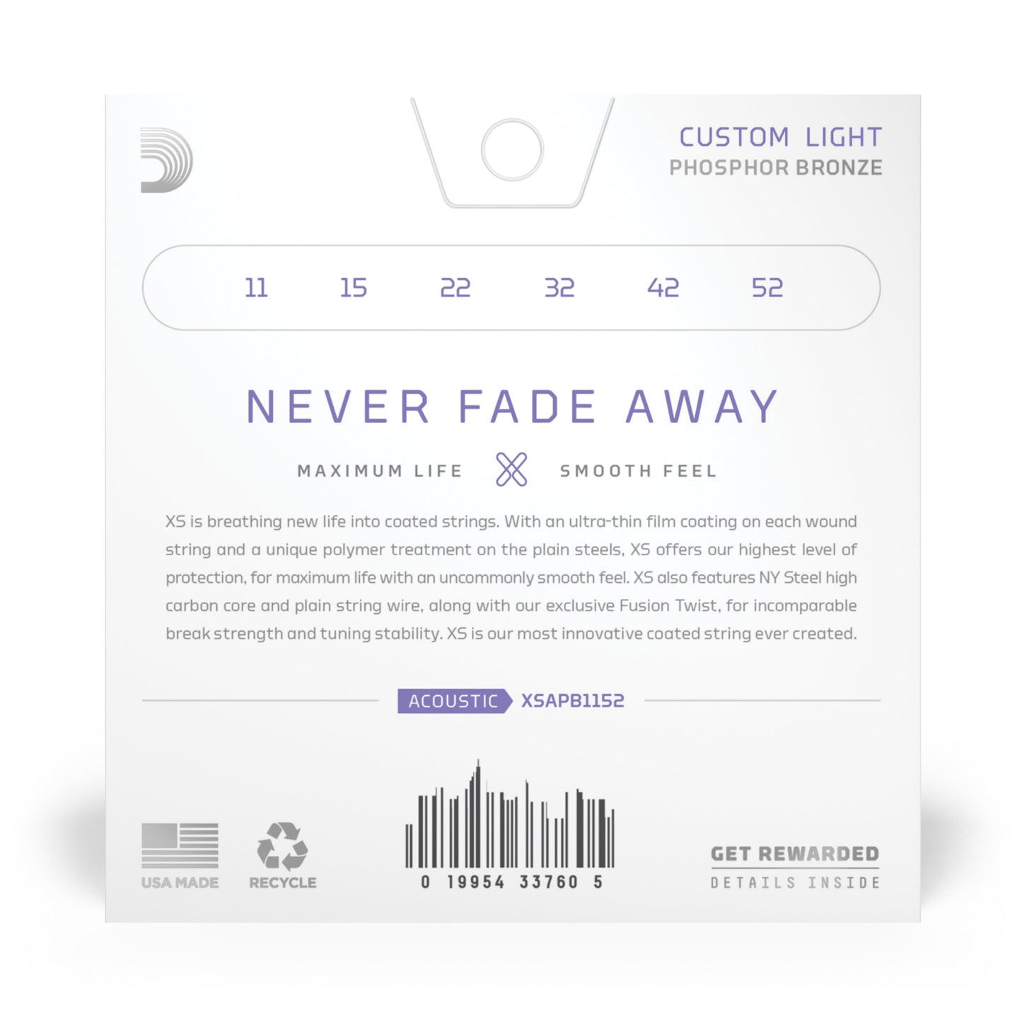 DAddario 11-52 Custom Light, XS Phosphor Bronze Coated Acoustic Guitar Strings