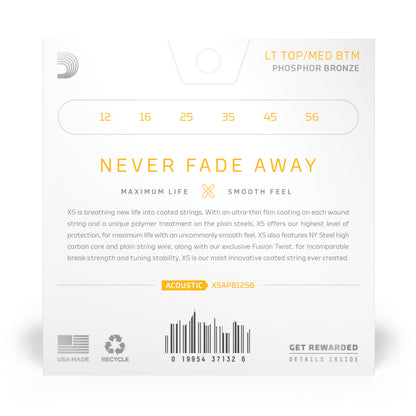 DAddario 12-56 Light Top/Medium Bottom, XS Phosphor Bronze Coated Acoustic Guitar Strings